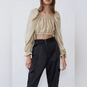 Zara Voluminous Heart Cropped Top Long Sleeve Champagne Size XS